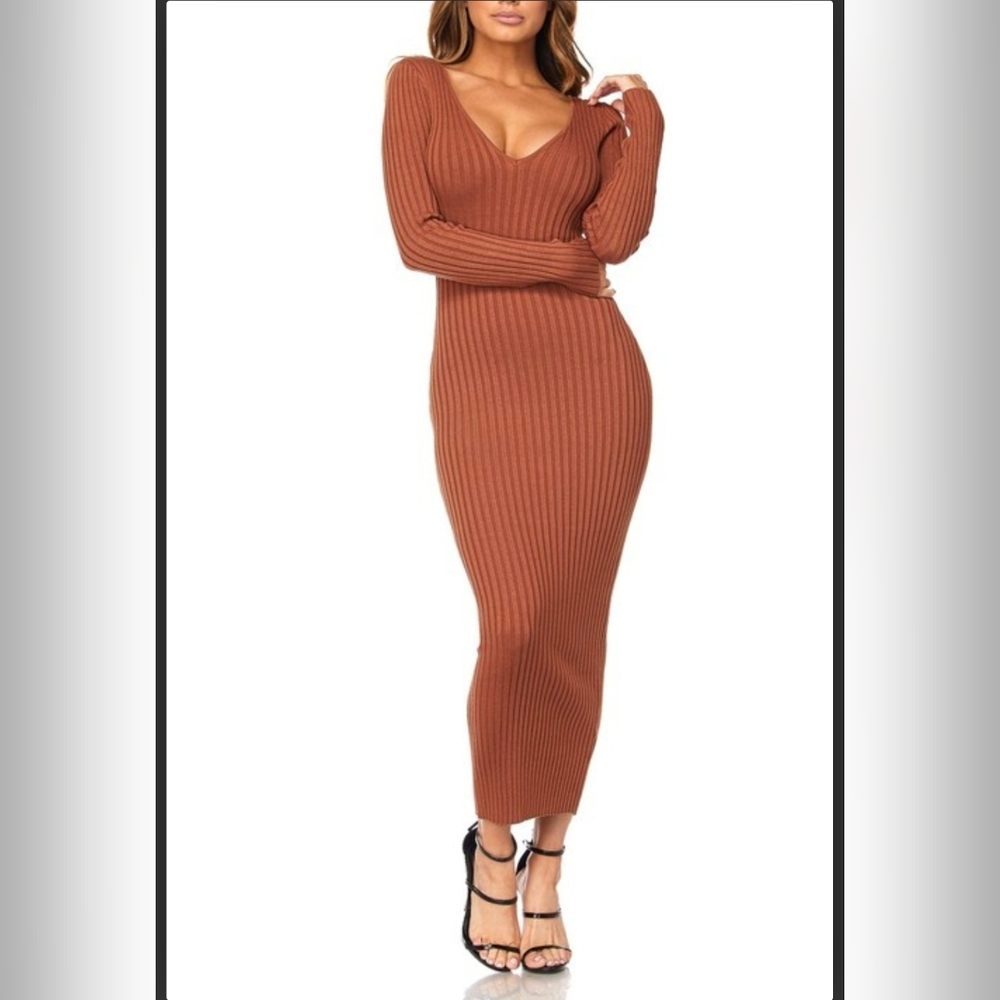 WORKHALL Off Shoulder Rib Long Sleeve Knit Dress in New Rust Size M EUC Stretchy